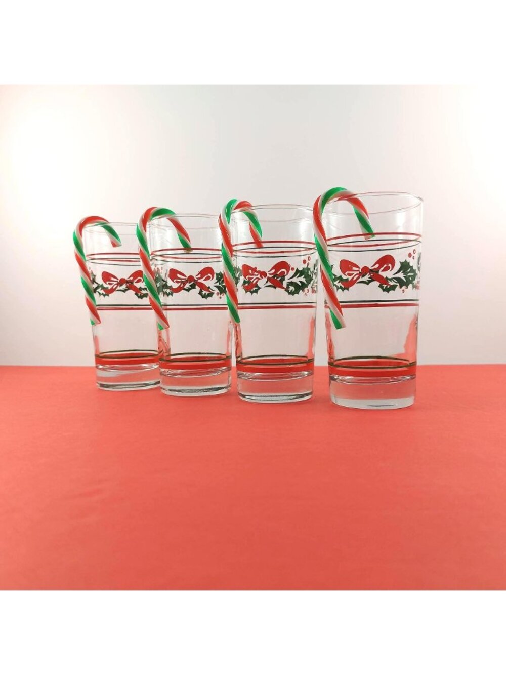 Vintage Christmas Bow And Holly Drinking Glasses, Set Of 4